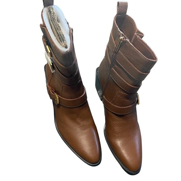 Vince Camuto Leather Buckle Mid-Shaft Zip Boots Kempreea Cocoa Biscuit 9.5 NIB - Picture 9 of 12